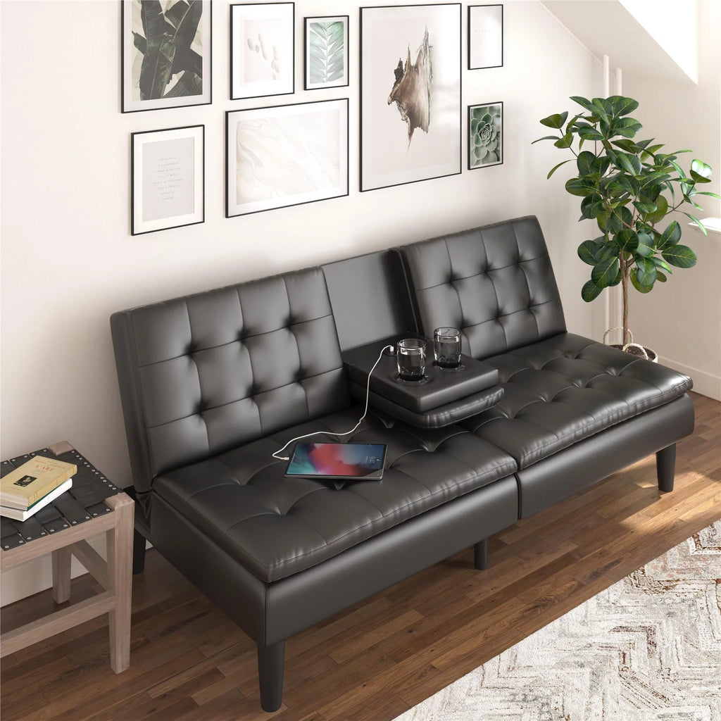 Memory Foam Futon with Cupholder and USB, Black Faux Leather P11538