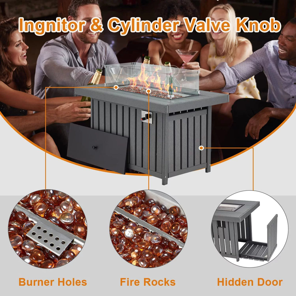 43 Inch HDPE Propane Fire Pit Table with Lid and Fire Glass, Gray F161