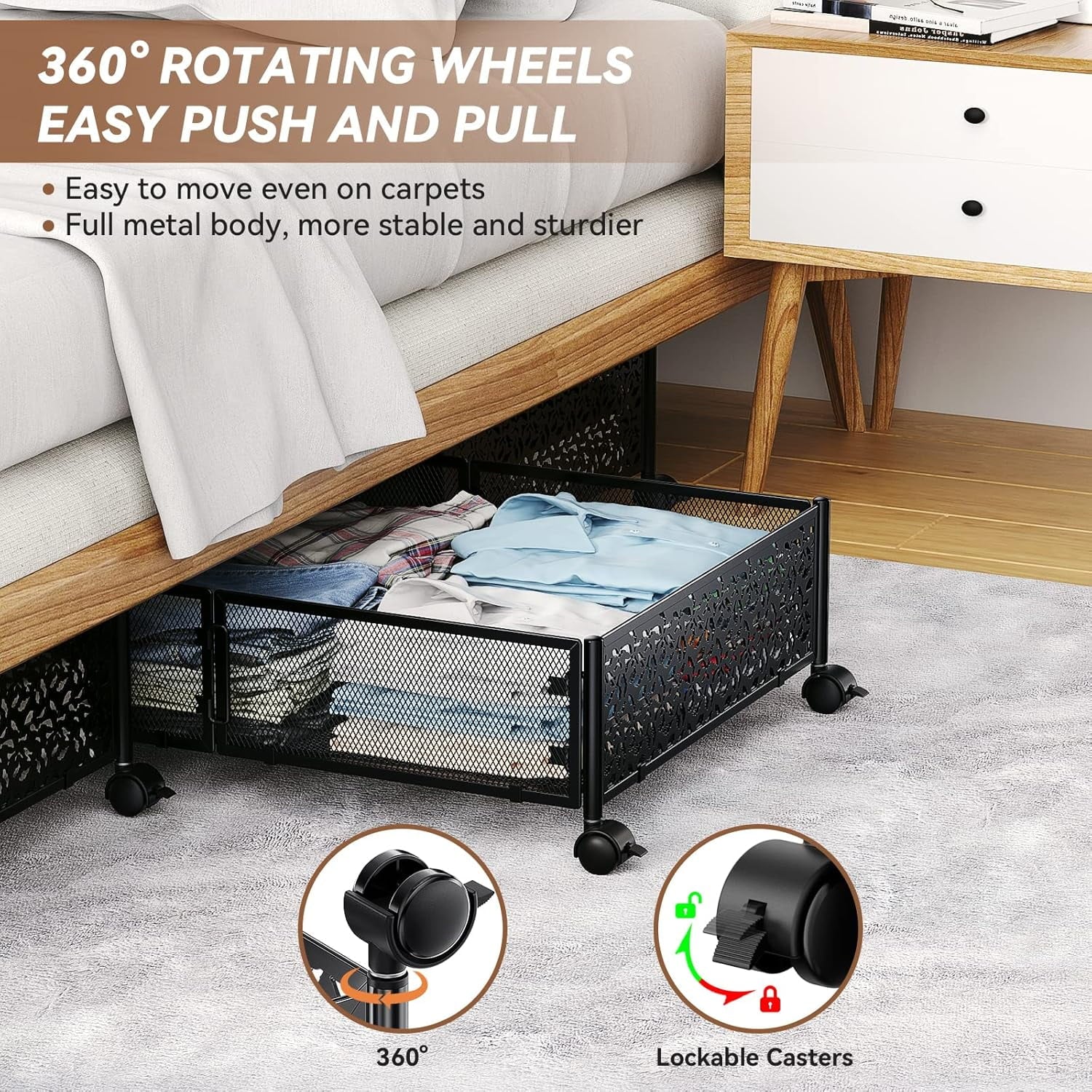 Under Bed Storage Containers with Wheels, Shoe Organizer Drawer, Metal Storage for Clothes Shoes Blankets N2817