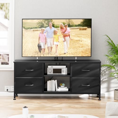 TV Stand with 4 Fabric Drawers and Open Shelves for 50" TV, Black Wood Veins F648