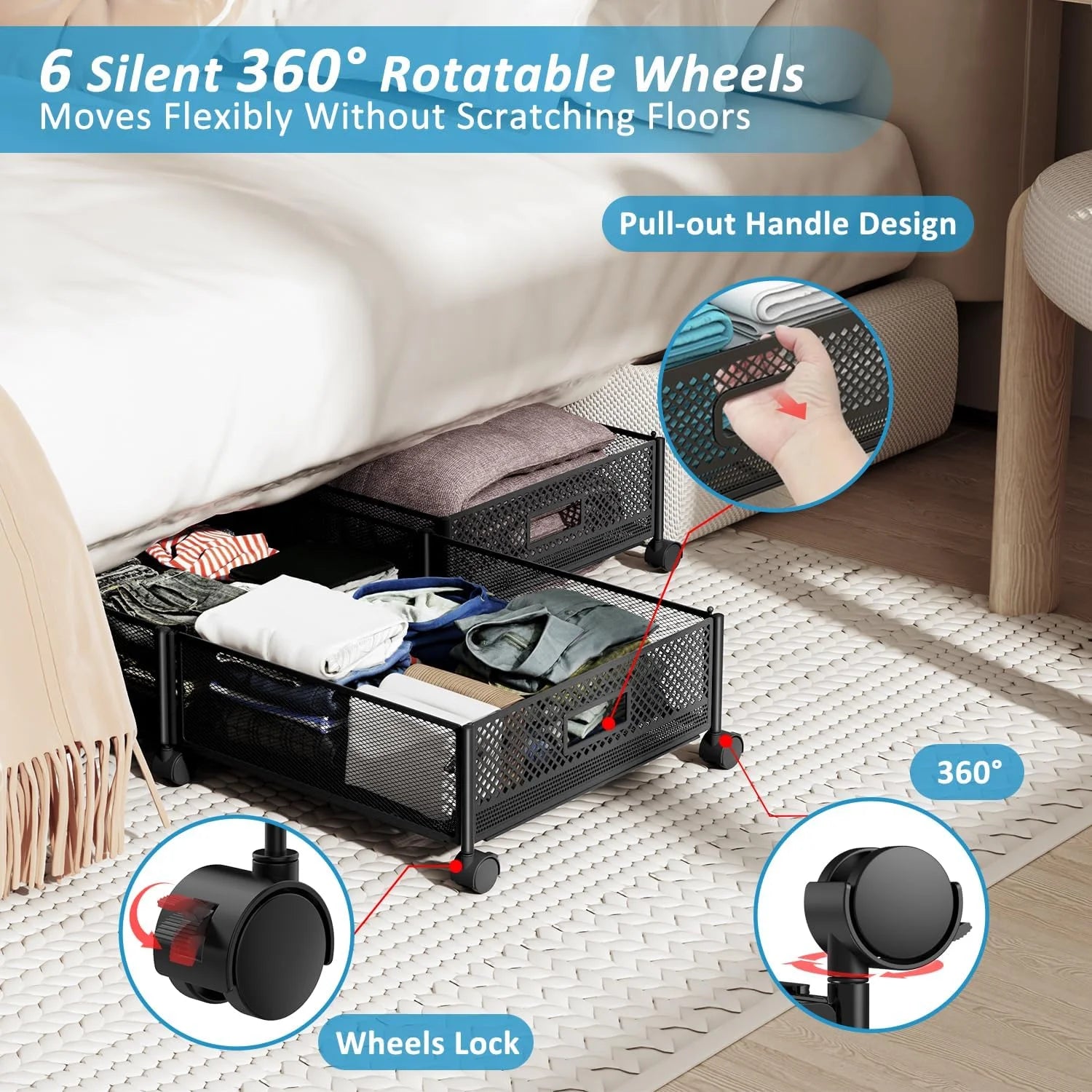 Under Bed Storage on Wheels, Large Capacity Rolling Containers, Foldable Drawers G826102