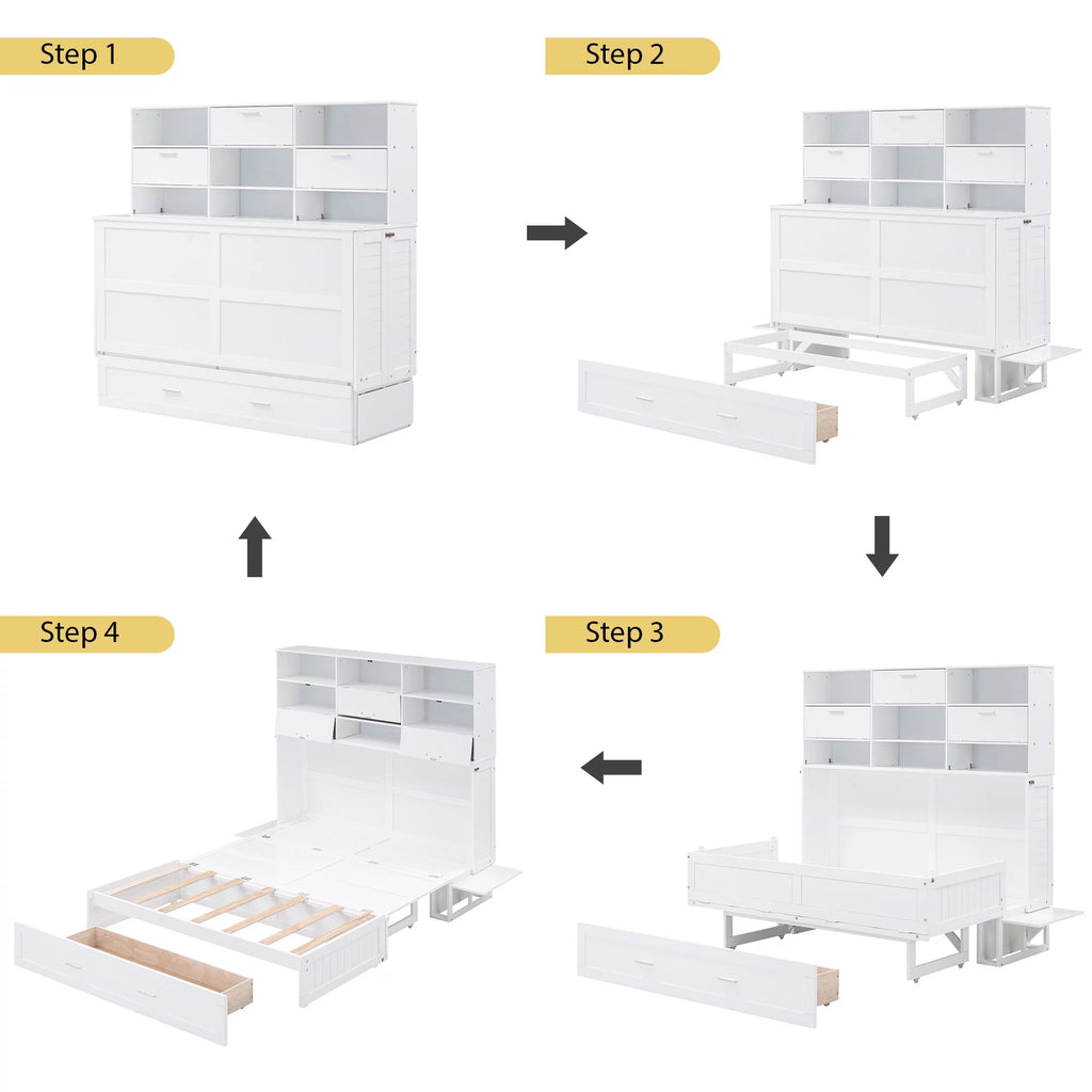 Queen Size Murphy Bed with Bookcase and Drawer, White F2789