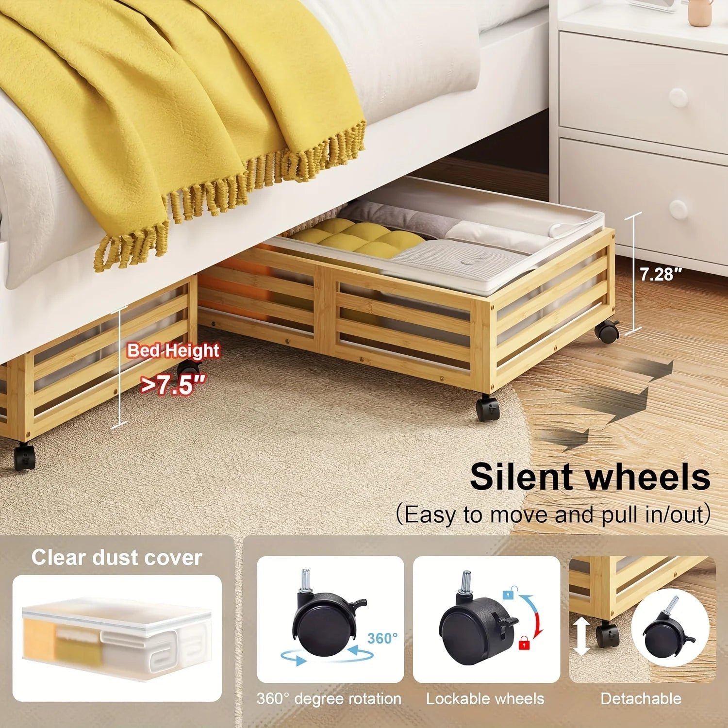 Bamboo Under-Bed Storage Bins with Wheels, 2-Pack O474436