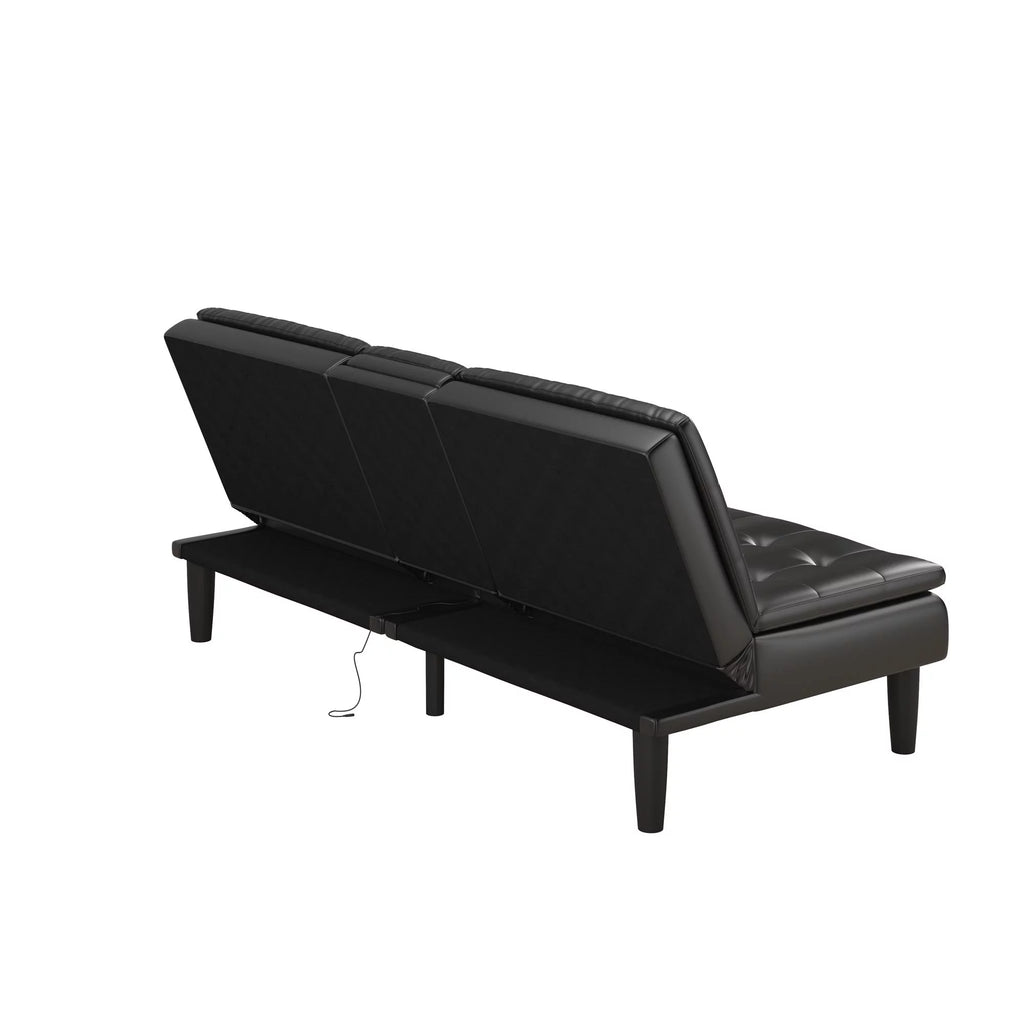 Memory Foam Futon with Cupholder and USB, Black Faux Leather P11538