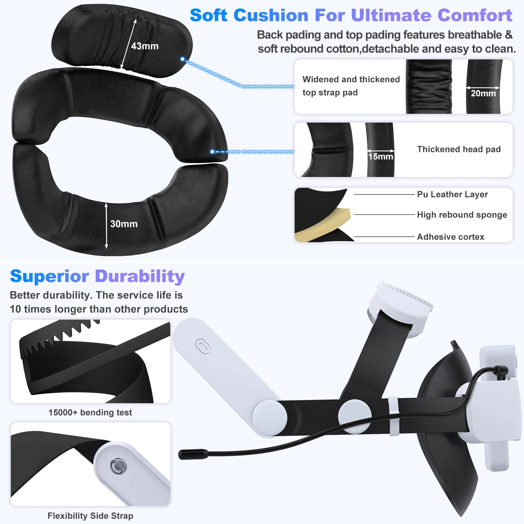 Head Strap with 7500mAh Rechargeable Battery for Quest 2 & 3 VR Headset L5453