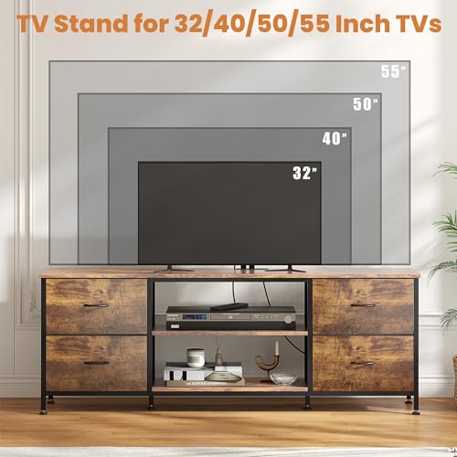 TV Stand with 4 Fabric Drawers and Open Shelves for 50" TV, Black Wood Veins F648