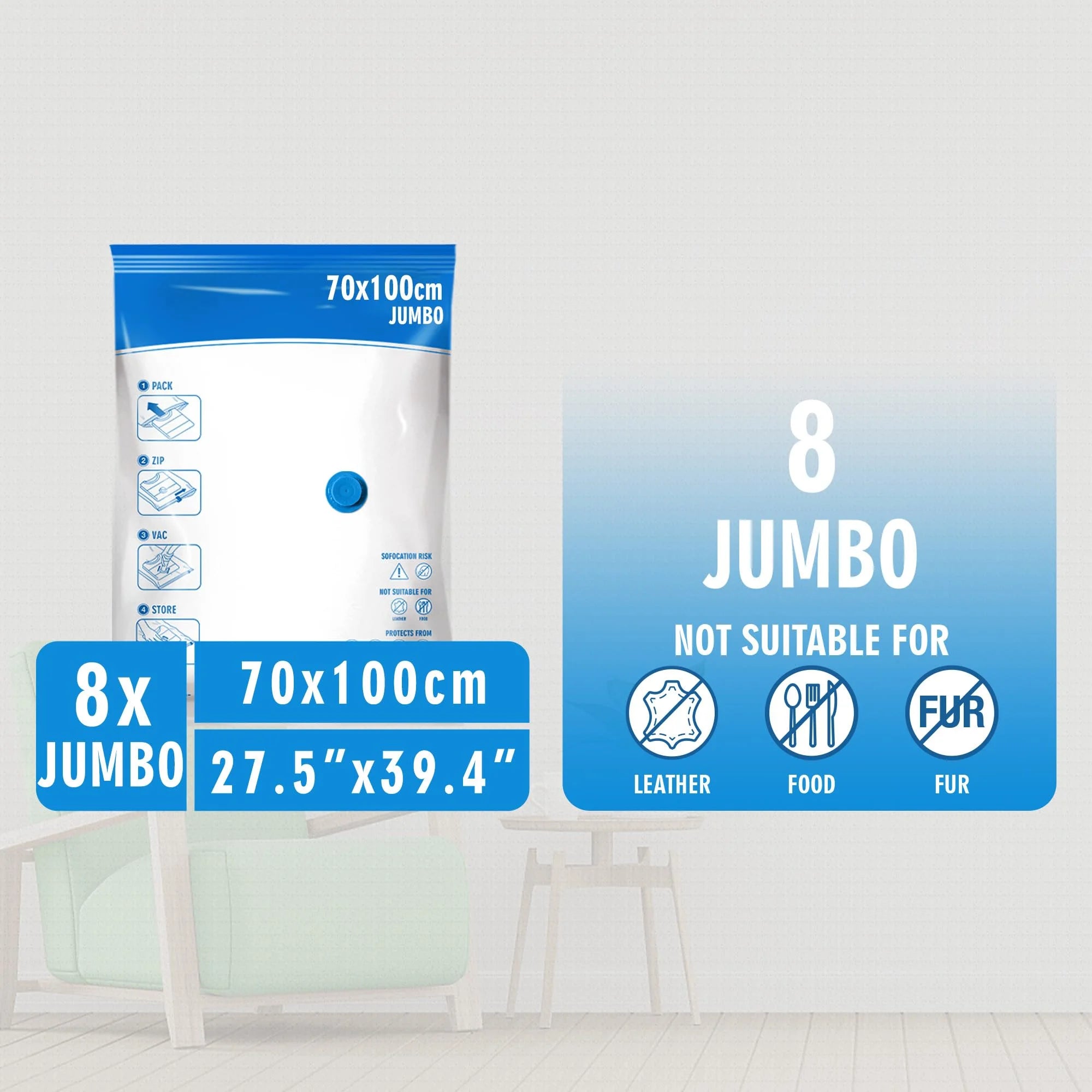Jumbo Vacuum Storage Bags 8 Pack with Hand Pump Q135