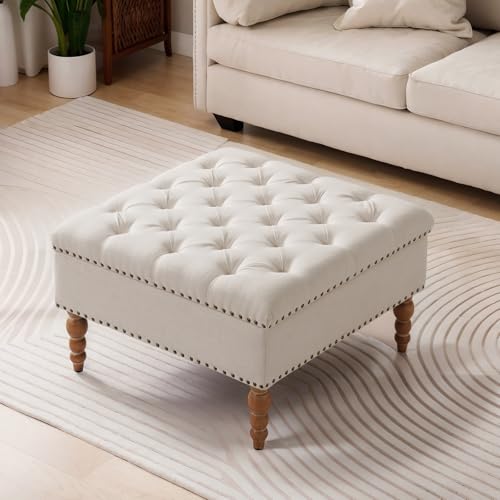 Large Square Ottoman Coffee Table with Storage and Solid Wood Shelf S572