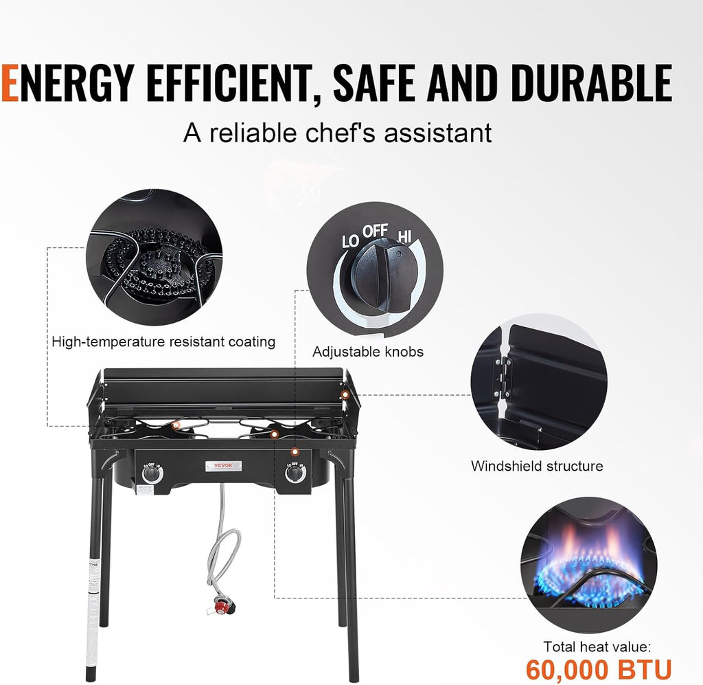Outdoor Propane Burner, 2 Burner Stove with Windscreen, Heavy Duty Gas Cooker with Detachable Legs Stand K541773