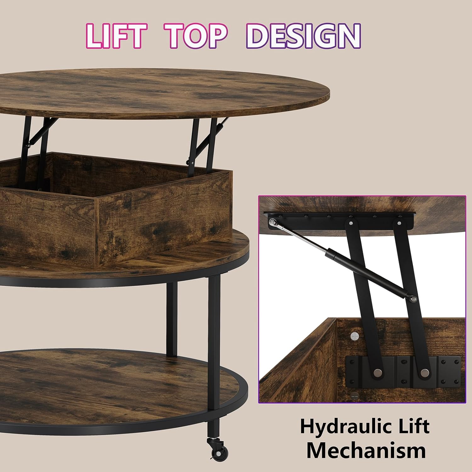 Round Lift Top Coffee Table with 2-Tier Storage and Wheels E803