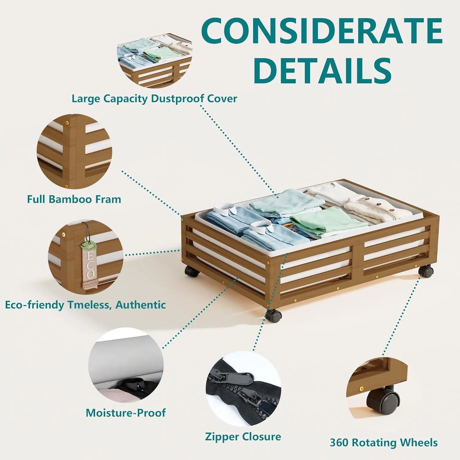 Bamboo Under Bed Storage Containers with Wheels and Dust Bag B86438