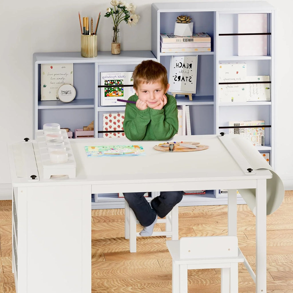 Kids Art Table and Chair Set with Storage Shelves and Paper Roll X80101