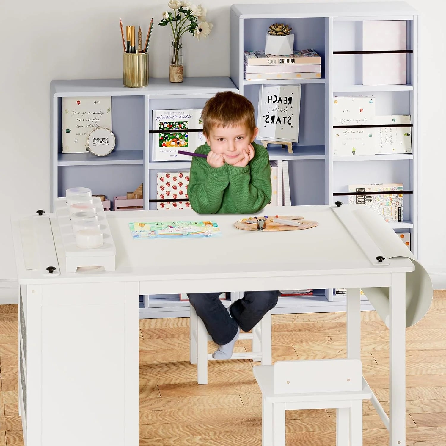 Kids Art Table and Chair Set with Storage Shelves and Paper Roll X80101