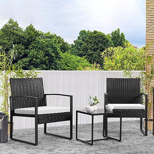 3 Piece Patio Set with Wicker Rattan Table and Chairs, White Y378205