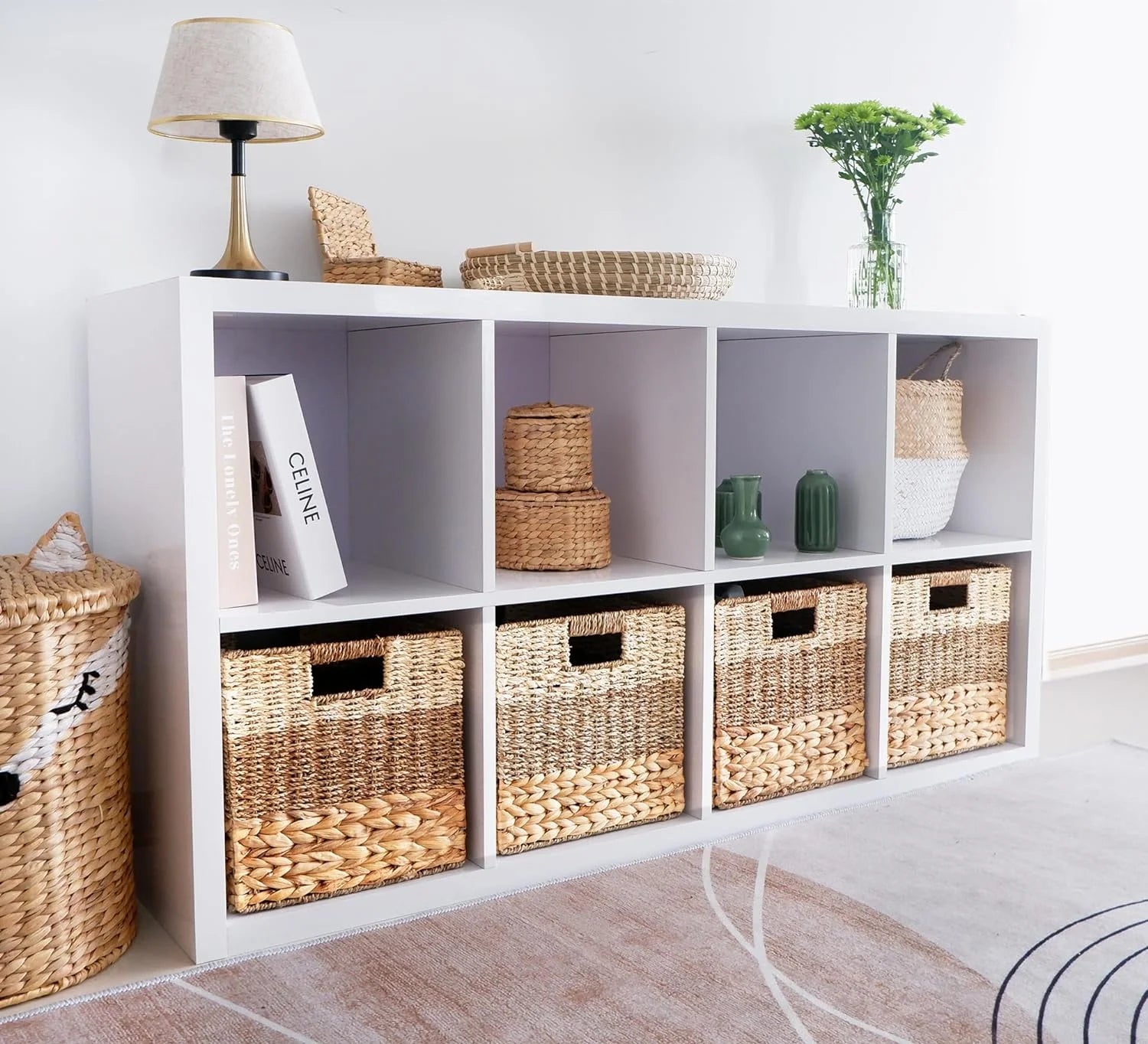 Natural Wicker Storage Cubes, 12x12 Bins, Set of 4 Heavy Duty Hyacinth Baskets for Shelf, Foldable Square Baskets E946733