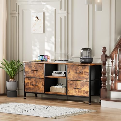 TV Stand with 4 Fabric Drawers and Open Shelves for 50" TV, Black Wood Veins F648