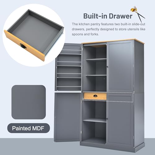 77 inch Kitchen Pantry, Freestanding Tall Cupboard with Shelves and Drawers I3176