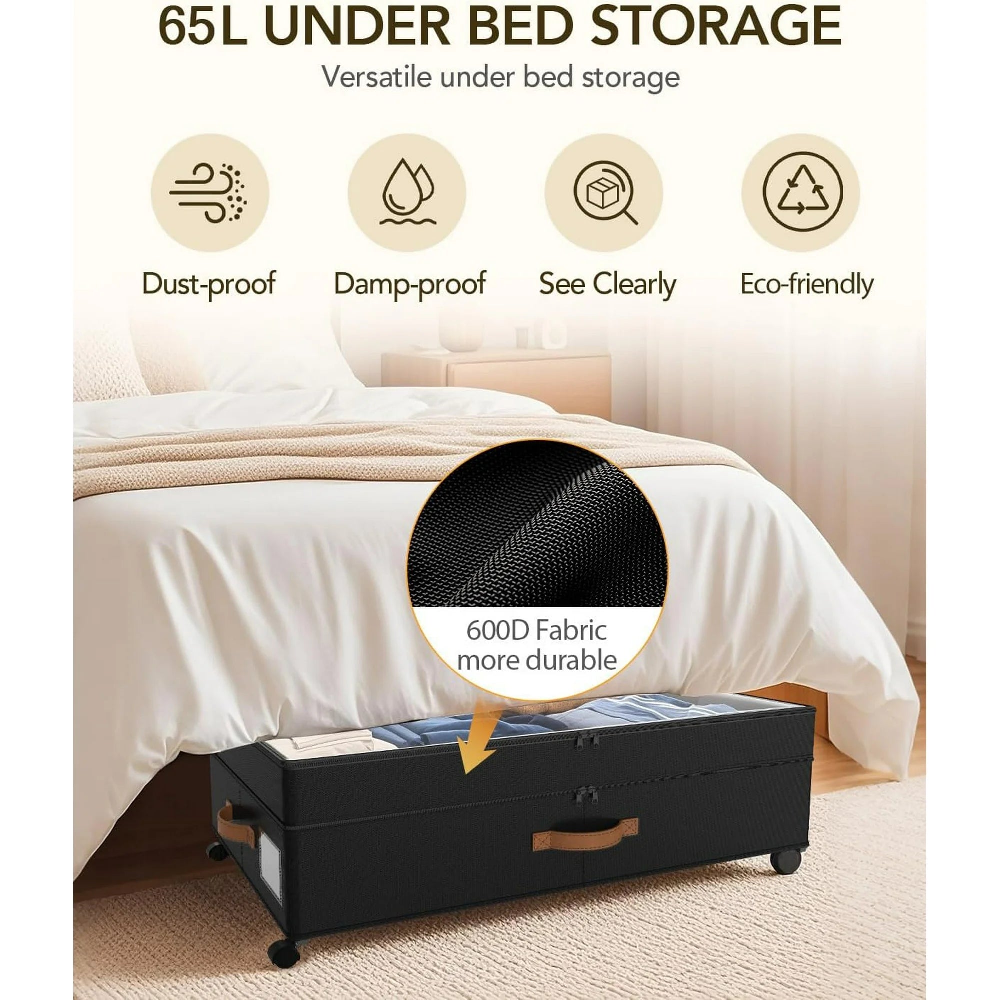 Under Bed Storage with Wheels, Adjustable Height, 10 Inches, Black A260