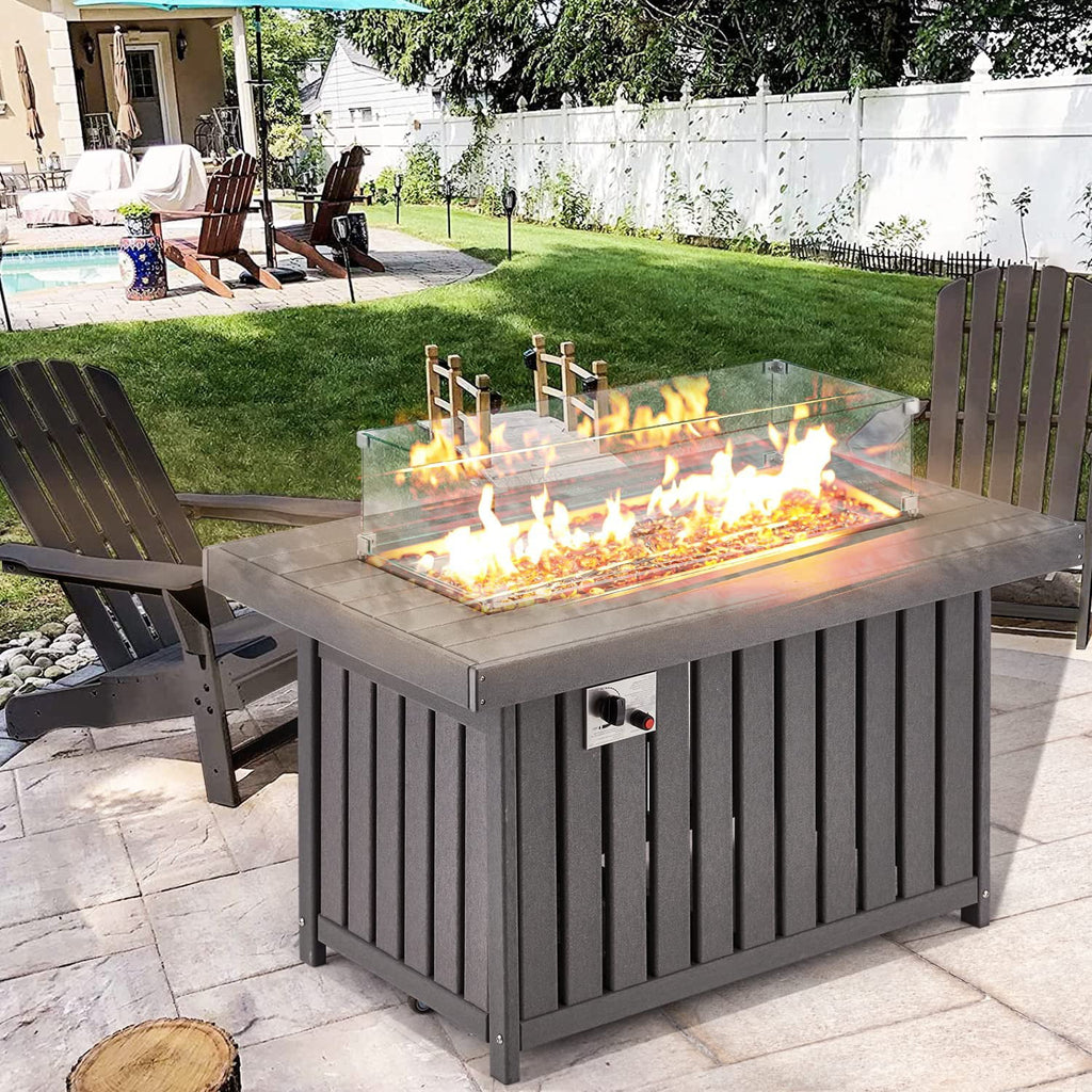 43 Inch HDPE Propane Fire Pit Table with Lid and Fire Glass, Gray F161