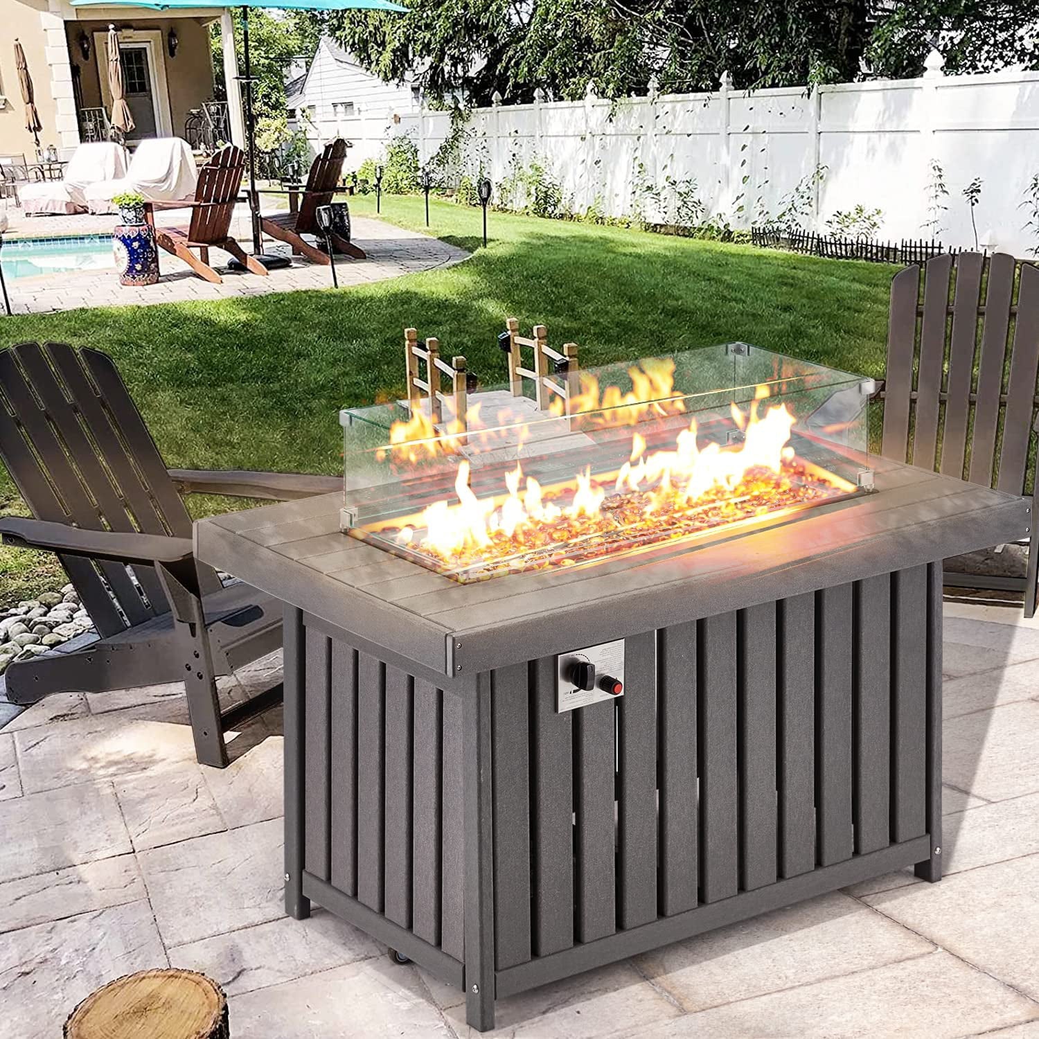 43 Inch HDPE Propane Fire Pit Table with Lid and Fire Glass, Gray F161