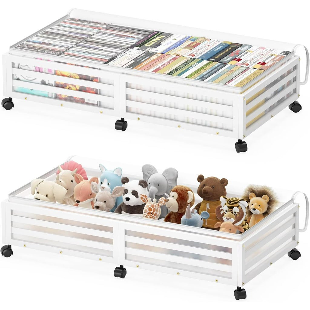Under Bed Storage Containers With Wheels - 2 Pcs Bamboo Wood Rolling Shoe Storage Bins With Dust Bags for Clothes Blankets, Duvet Covers Snacks Toys (White)