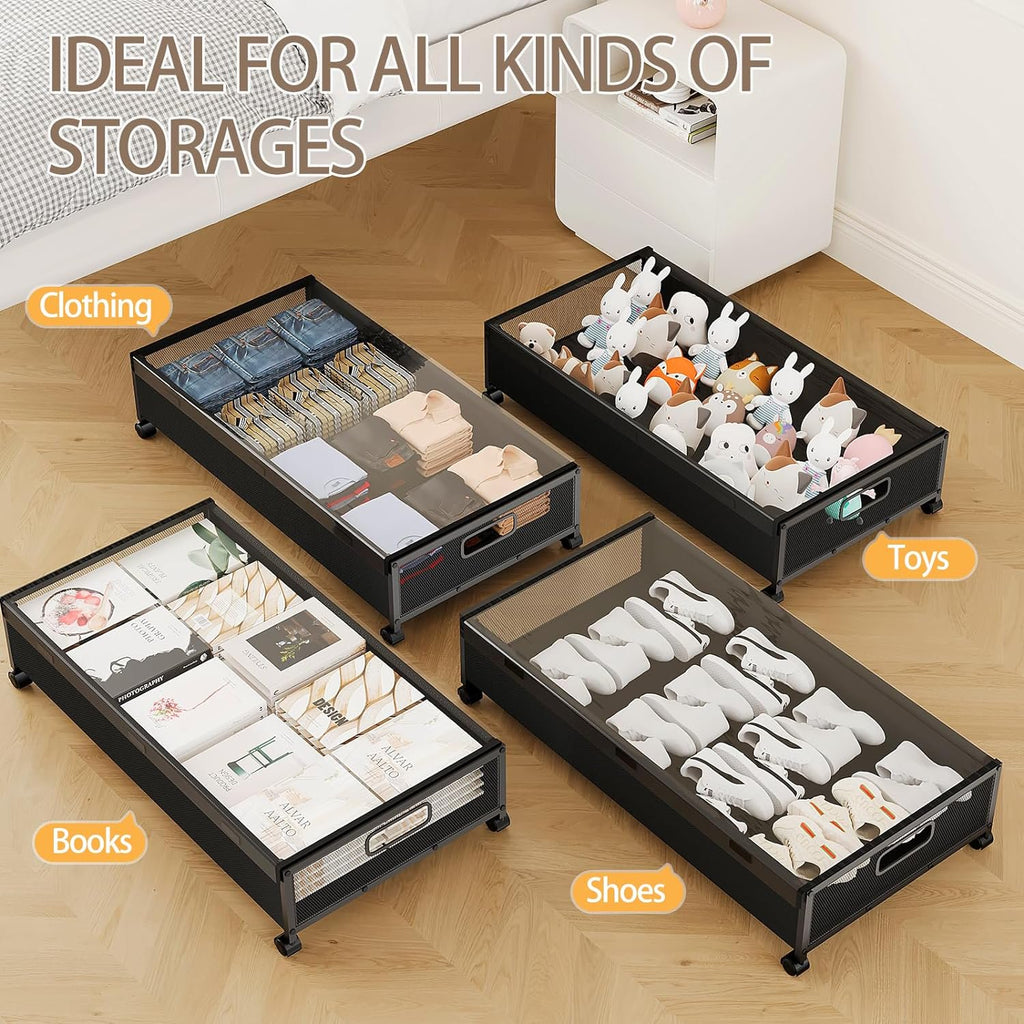 Under Bed Storage with Wheels, 2 Pack Rolling Metal Drawer for Clothes Q5272