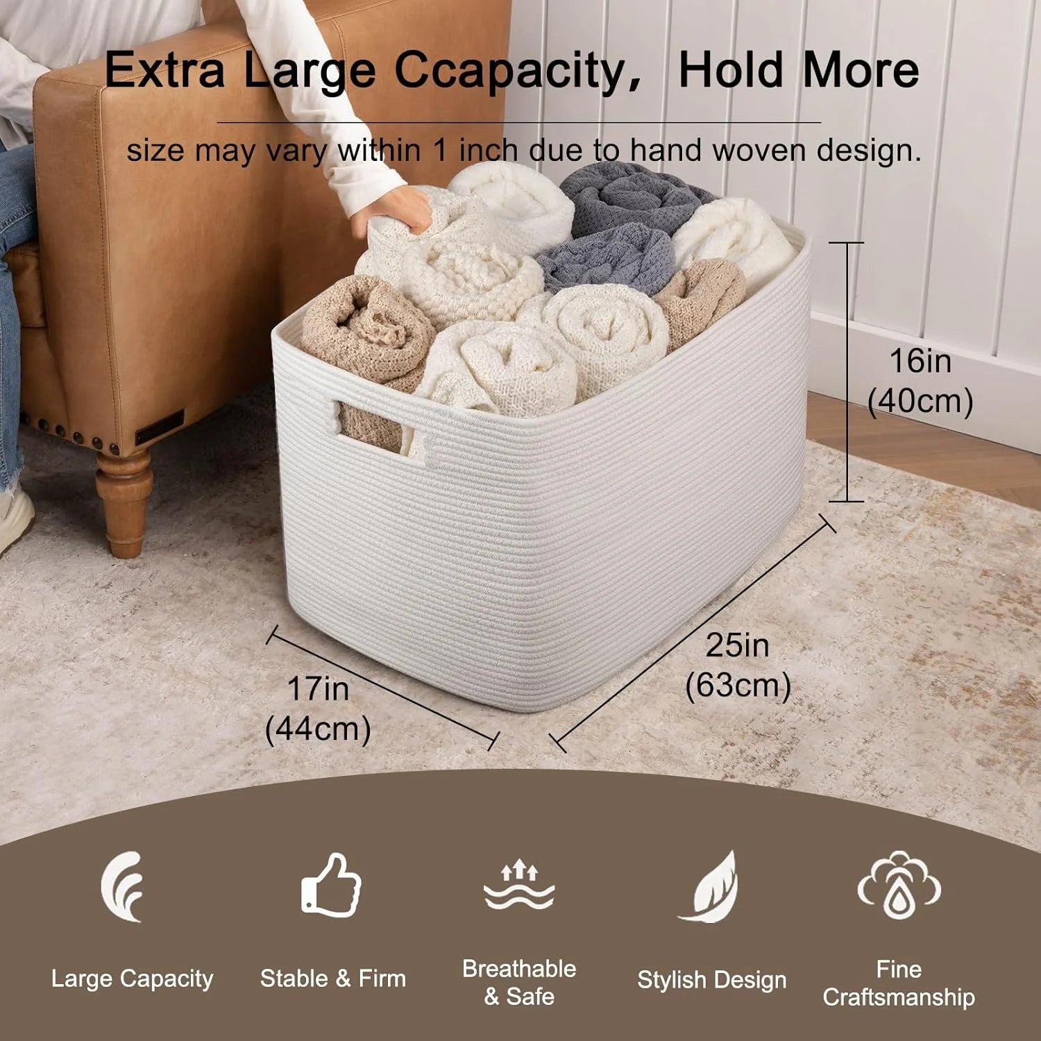 Cotton Rope Storage Basket, Oversized Blanket Basket, 25 x 17 x 16 Inches, White M581557