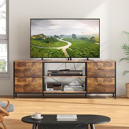TV Stand with 4 Fabric Drawers and Open Shelves for 50" TV, Black Wood Veins F648