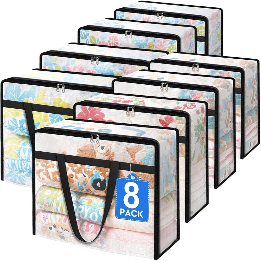 8 Pack Clear Clothes Storage Bags, Moving Bags, Foldable Blanket Storage Under Bed Storage Containers with Sturdy Zipper and Handle for Clothing, Comforter, Bedding, Sheet (90L)
