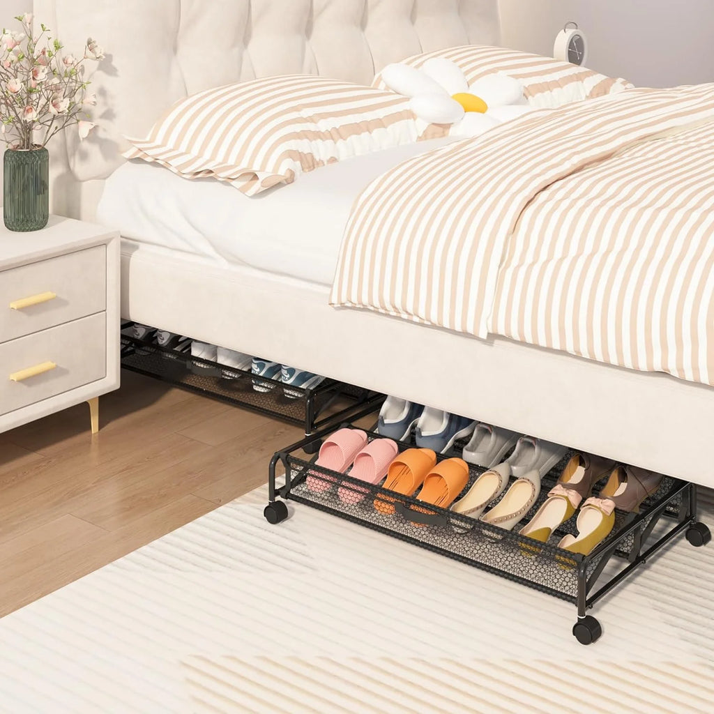 Under Bed Shoes Storage Containers with Wheels, Breathable Mesh K6508