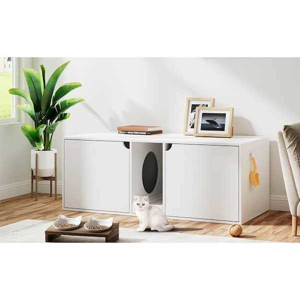 White Wood Side End Table Cat Litter Box with Double Room E185103