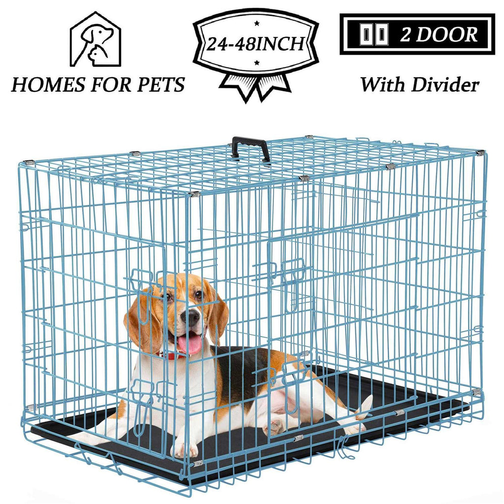 Foldable Large Dog Crate with Metal Wire Cage and Plastic Tray U6604