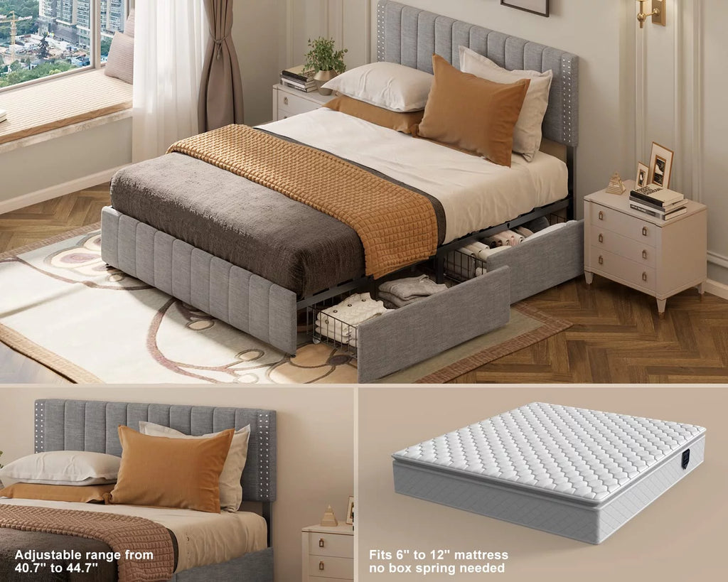 Full Size Bed Frame with Storage Drawers and Adjustable Headboard F3801