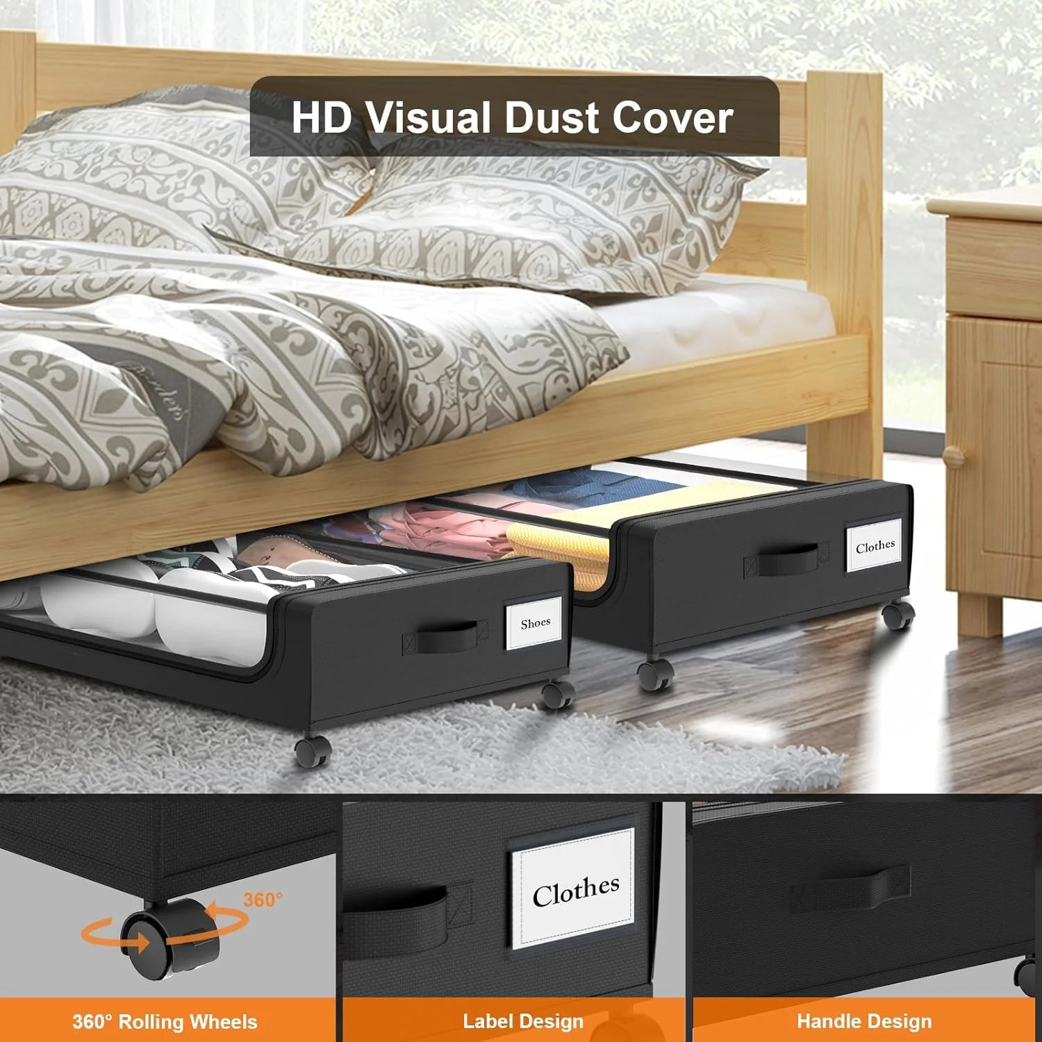 Under Bed Storage with Wheels 2 Pack, Large Rolling Containers with Lid S525