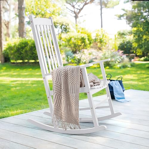 Outdoor Rocking Chair, Acacia High Back Oversized All-Weather Lounge Rocker, Brown B426