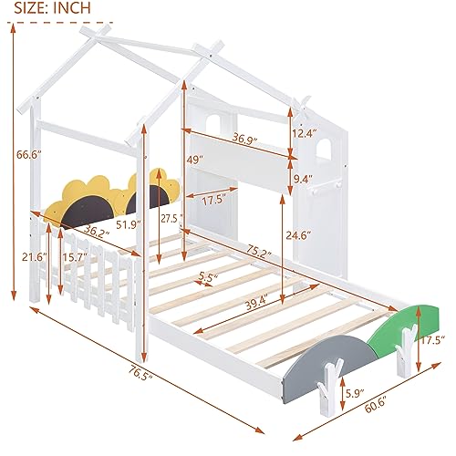 House-Shaped Twin Size Platform Bed with Windmill and Flower Decor E549