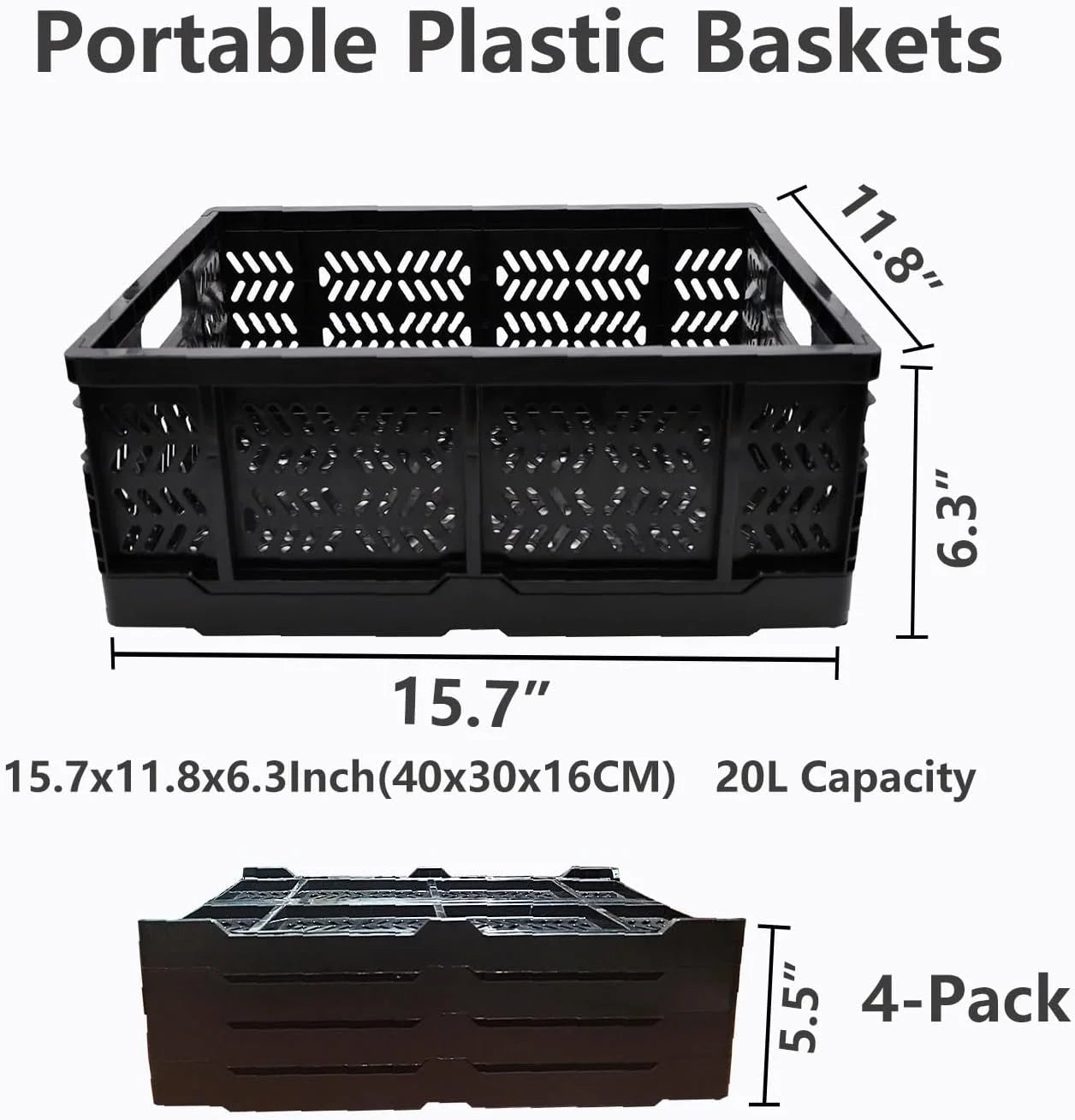 Foldable Plastic Storage Crates, 20L, 4-Pack F639192
