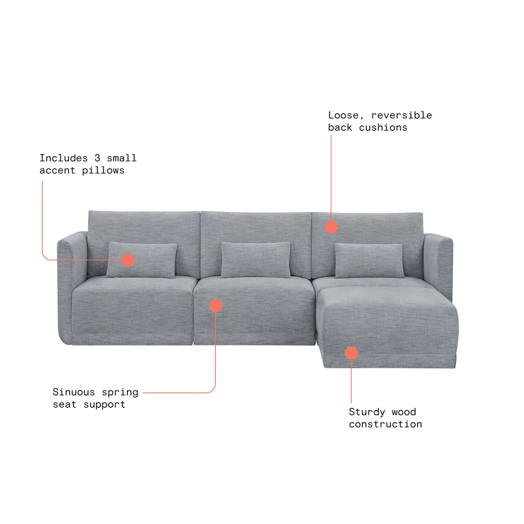 Modular Sectional Sofa with Ottoman, Gray Fabric R869