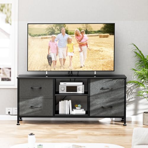 TV Stand with 4 Fabric Drawers and Open Shelves for 50" TV, Black Wood Veins F648