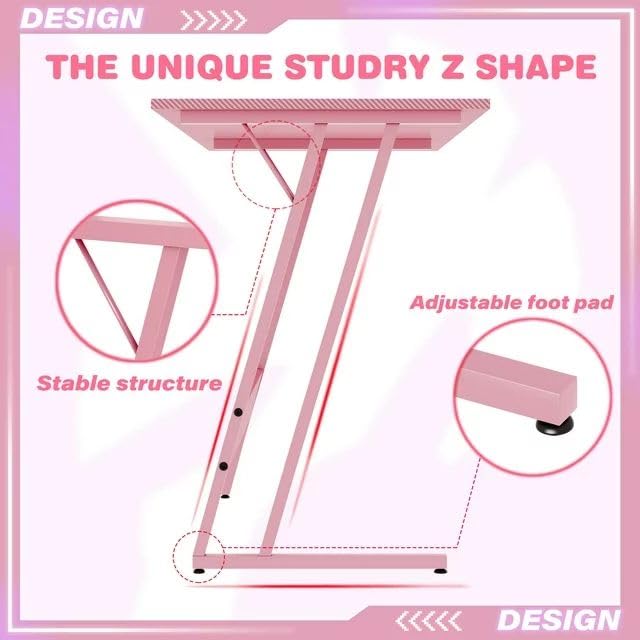Pink L-Shaped Gaming Desk with Monitor Stand, 47 Inch Corner Computer Table I764