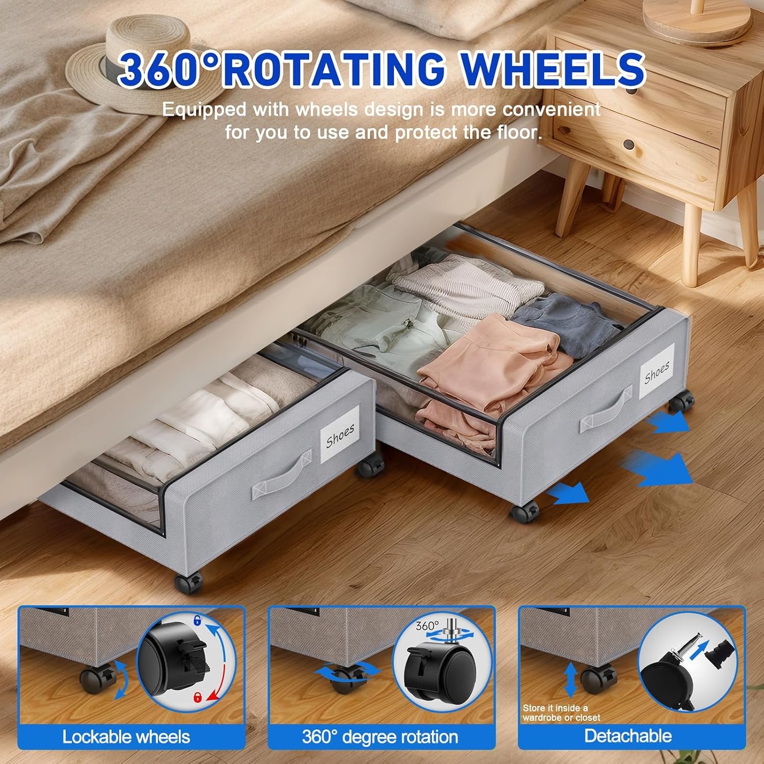Under Bed Storage Containers with Wheels and Clear Lids, 60L, Gray M165970
