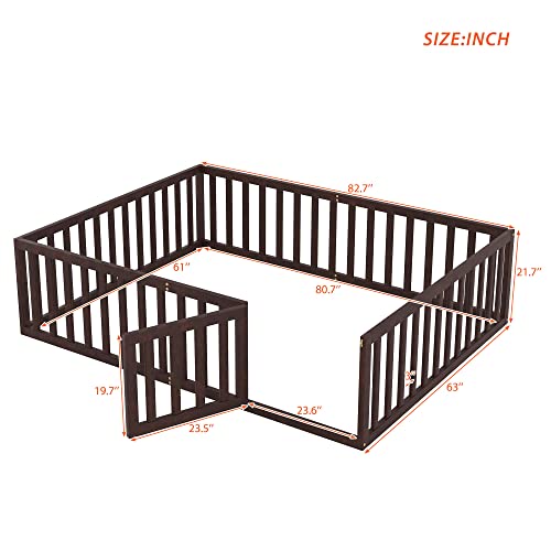 Twin Floor Bed Frame with Safety Fence, Solid Wood U412