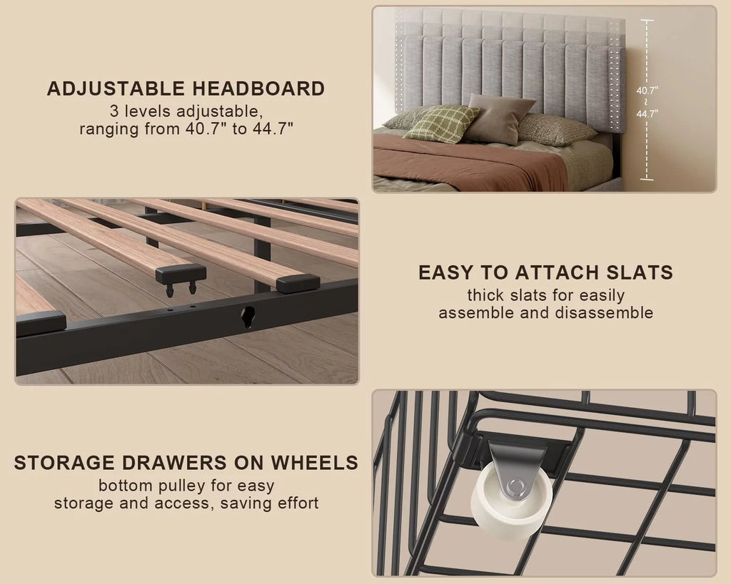Full Size Bed Frame with Storage Drawers and Adjustable Headboard F3801