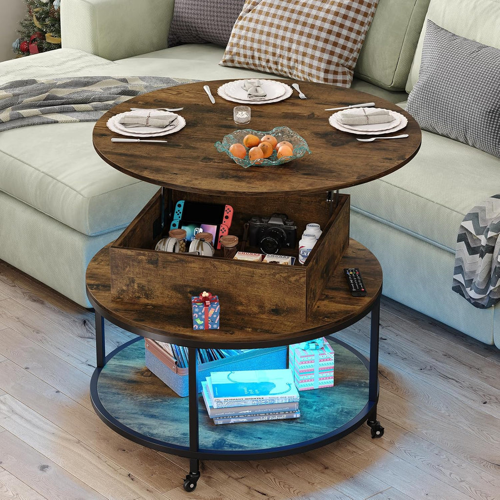 Round Lift Top Coffee Table with 2-Tier Storage and Wheels E803