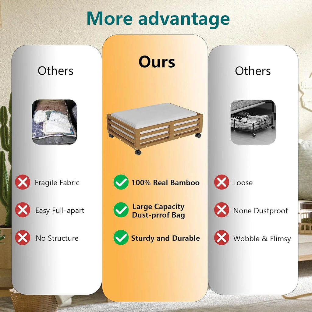 Bamboo Under Bed Storage Containers with Wheels and Dust Bag B86438