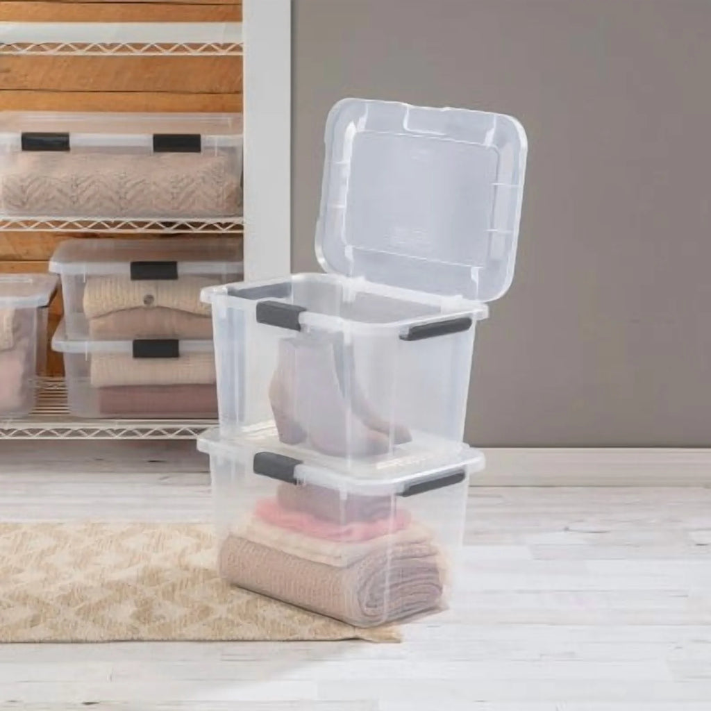 Plastic Storage Tote with Hinged Lid and Handles, Stackable C77941