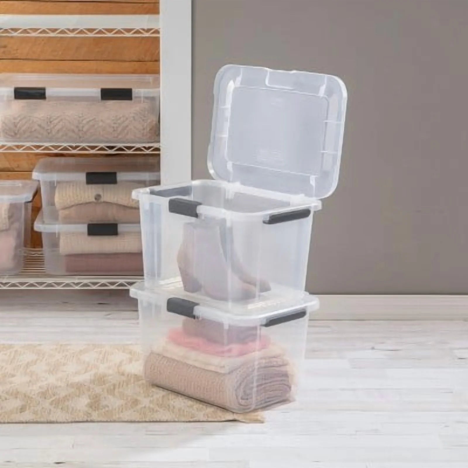 Plastic Storage Tote with Hinged Lid and Handles, Stackable C77941