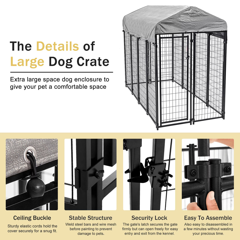 Heavy Duty Outdoor Dog Kennel with Waterproof UV Cover, Large Metal Dog Pen X68622