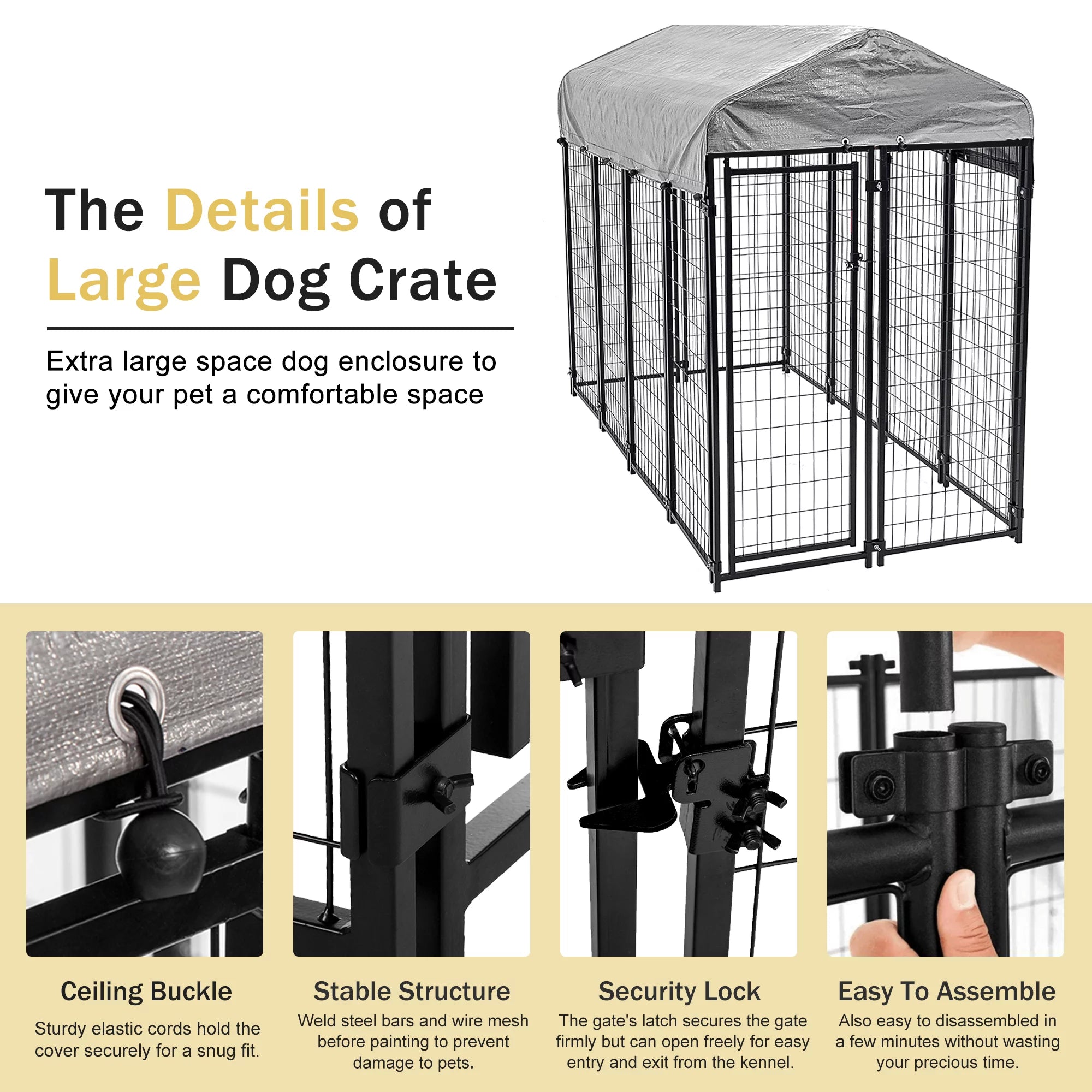 Heavy Duty Outdoor Dog Kennel with Waterproof UV Cover, Large Metal Dog Pen X68622