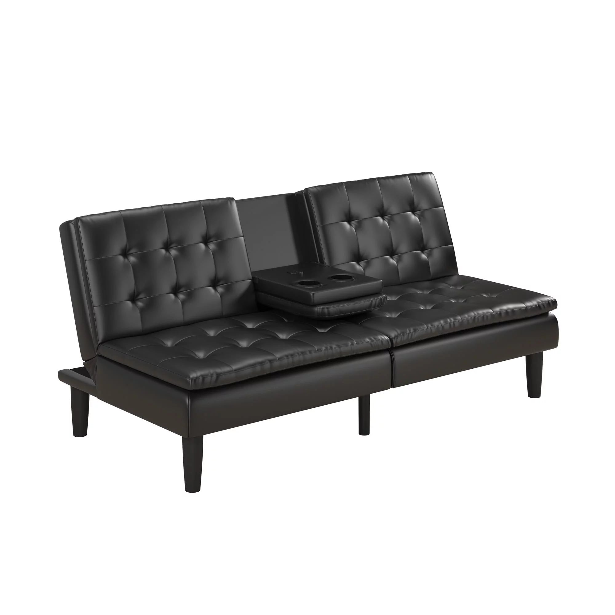 Memory Foam Futon with Cupholder and USB, Black Faux Leather P11538